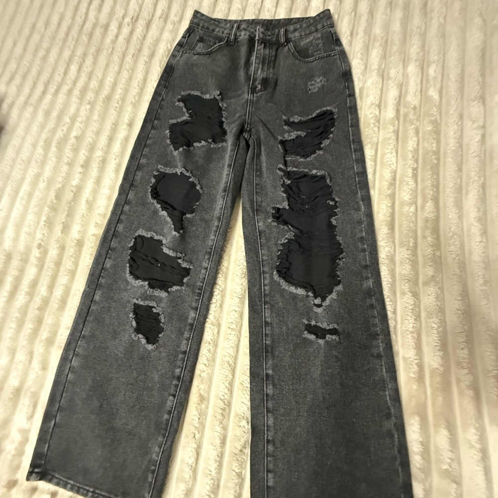 SHEIN Gray Flare Wide Leg Distressed Jeans